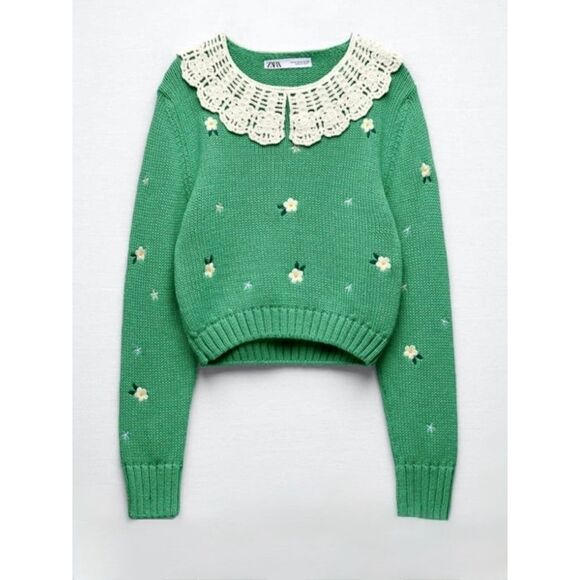 NEW ZARA Women’s Small Floral Embroidered Cropped Sweater - Picture 5 of 8